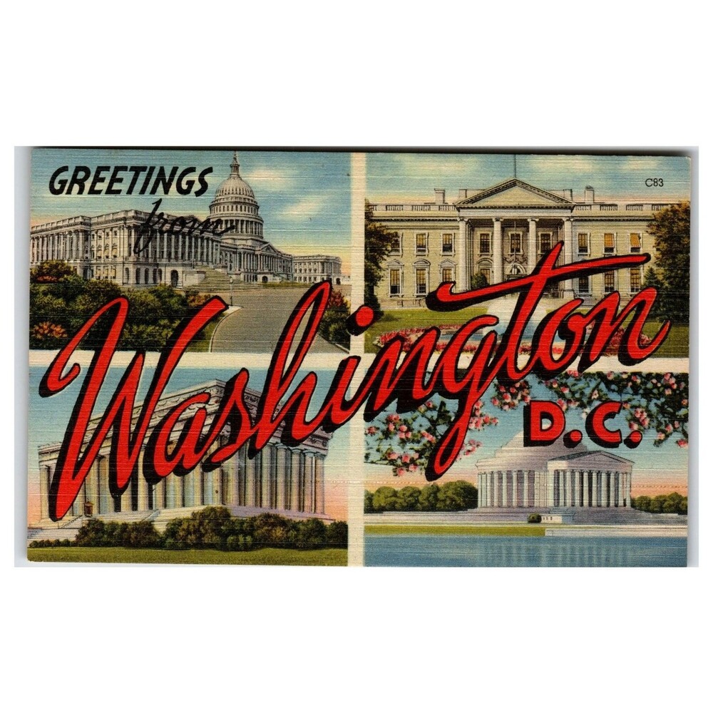 Greetings Washington D.C. Linen Postcard Capitol White House Lincoln Jefferson